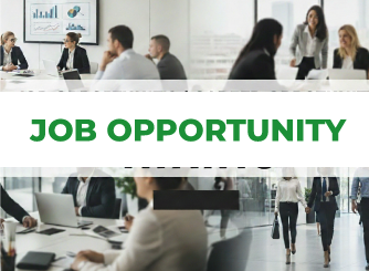 Business professionals in a corporate office setting with the text “Job Opportunity” displayed prominently.