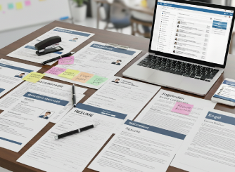 Multiple resumes and recruitment documents spread across a desk with a laptop, smartphone, and office supplies.
