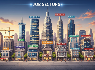 Illustrated city skyline labeled with different job sectors including technology, healthcare, finance, education, retail, hospitality, manufacturing, government, arts, and construction.