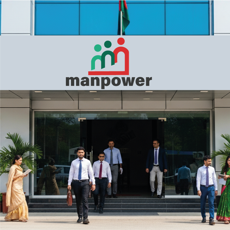 Employees exiting a modern office building in Bangladesh with a sign reading “Your Trusted Manpower Supply Company in Bangladesh.”