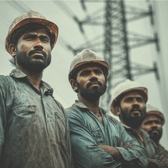 Four skilled Bangladeshi construction workers wearing safety helmets stand together at an infrastructure site, with high-voltage power transmission towers in the background.