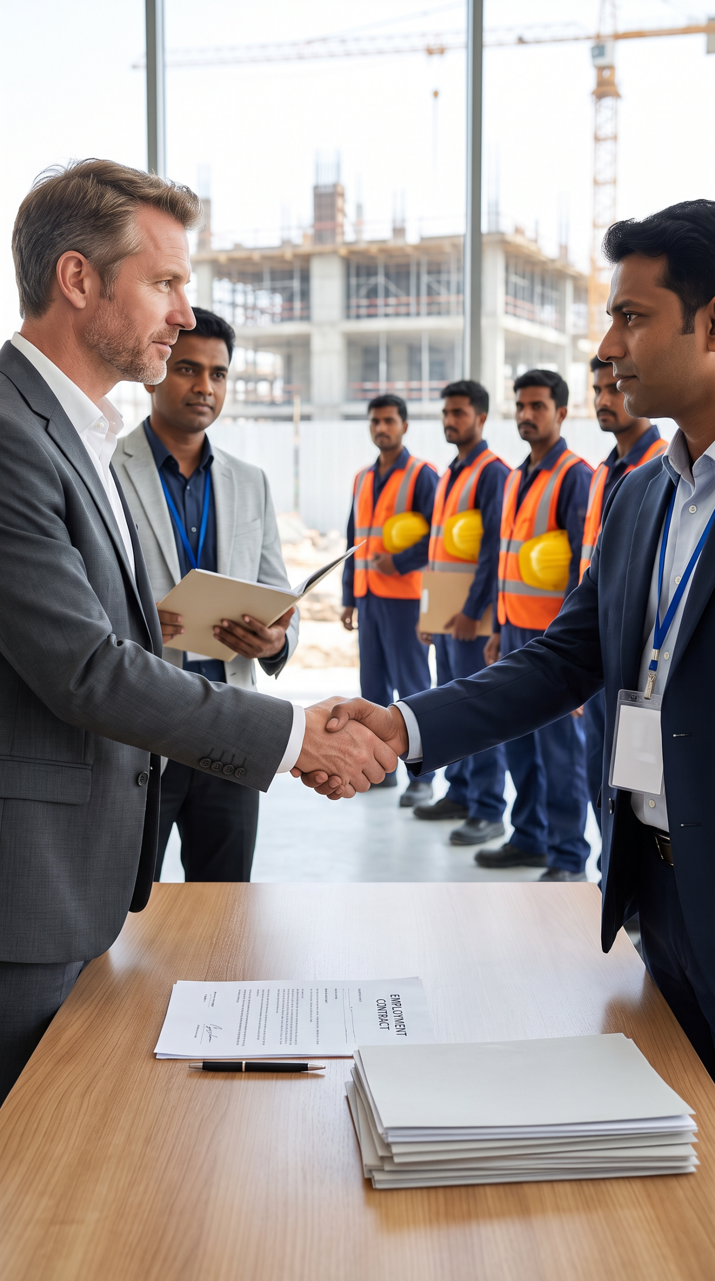 Foreign employer in a grey suit shaking hands with a Bangladeshi manpower agency manager over a signed contract, with a line of workers in coveralls and hi-vis vests waiting behind