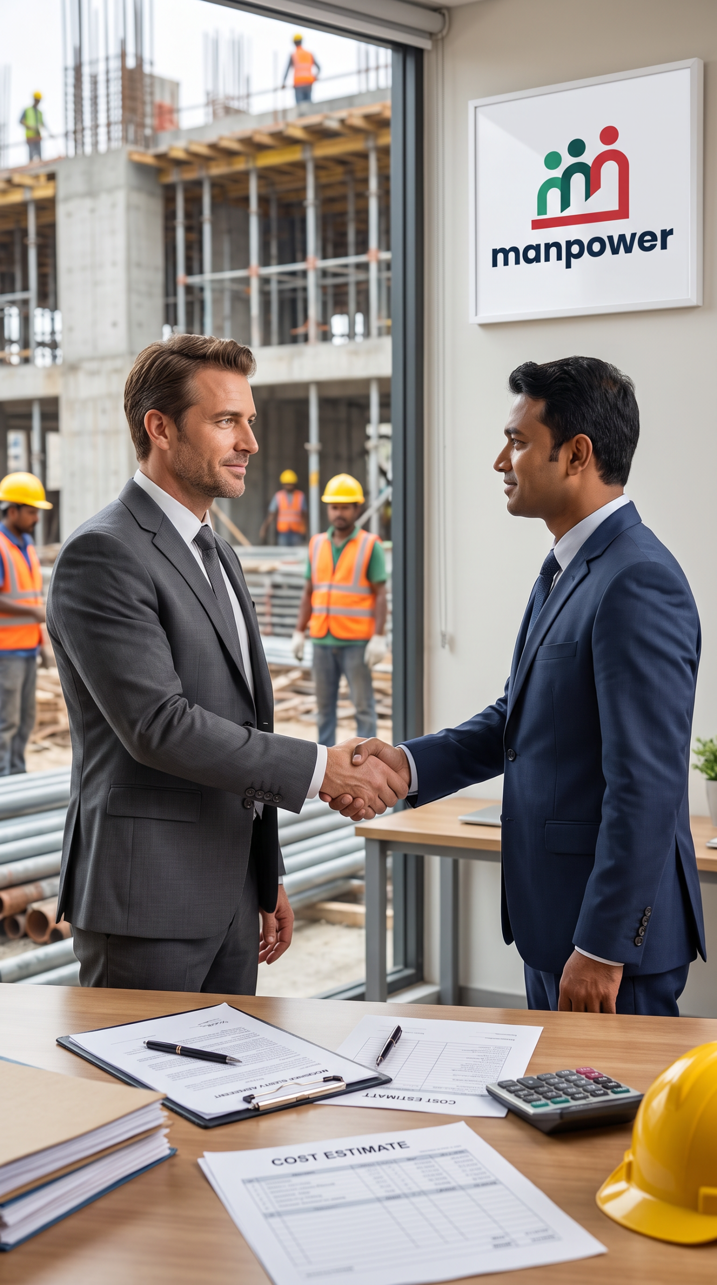 Foreign employer in a grey suit shaking hands with a Bangladeshi manpower agency director in a navy suit over a signed supply agreement in a site office, with workers visible through the window