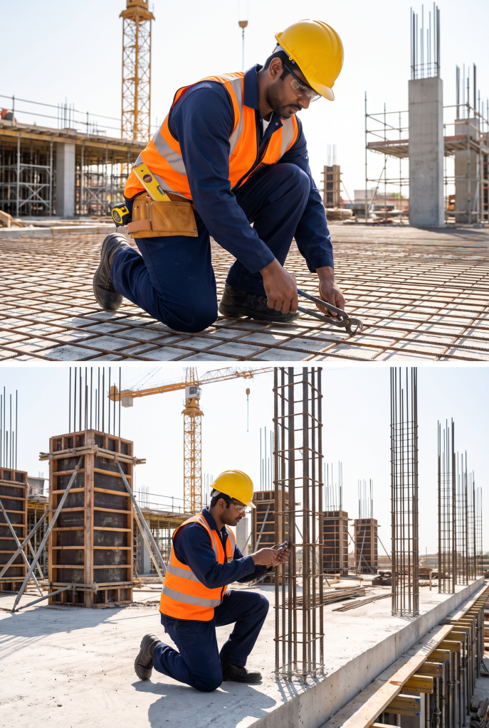 Two stacked photos of semi-skilled Bangladeshi construction workers tying steel rebar on a building site, wearing yellow helmets, hi-vis vests, gloves and tool belts