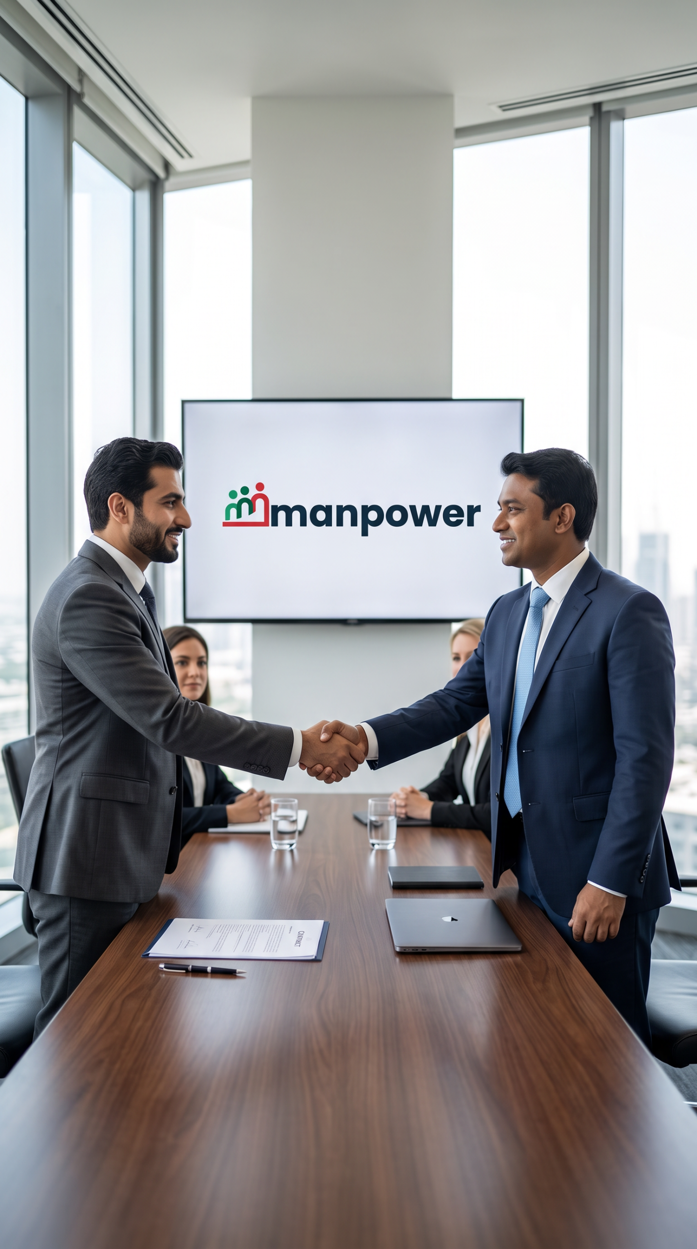Overseas employer in a grey suit shaking hands with a Bangladeshi manpower agency owner in a navy suit across a boardroom table, with the manpower logo on the screen behind them