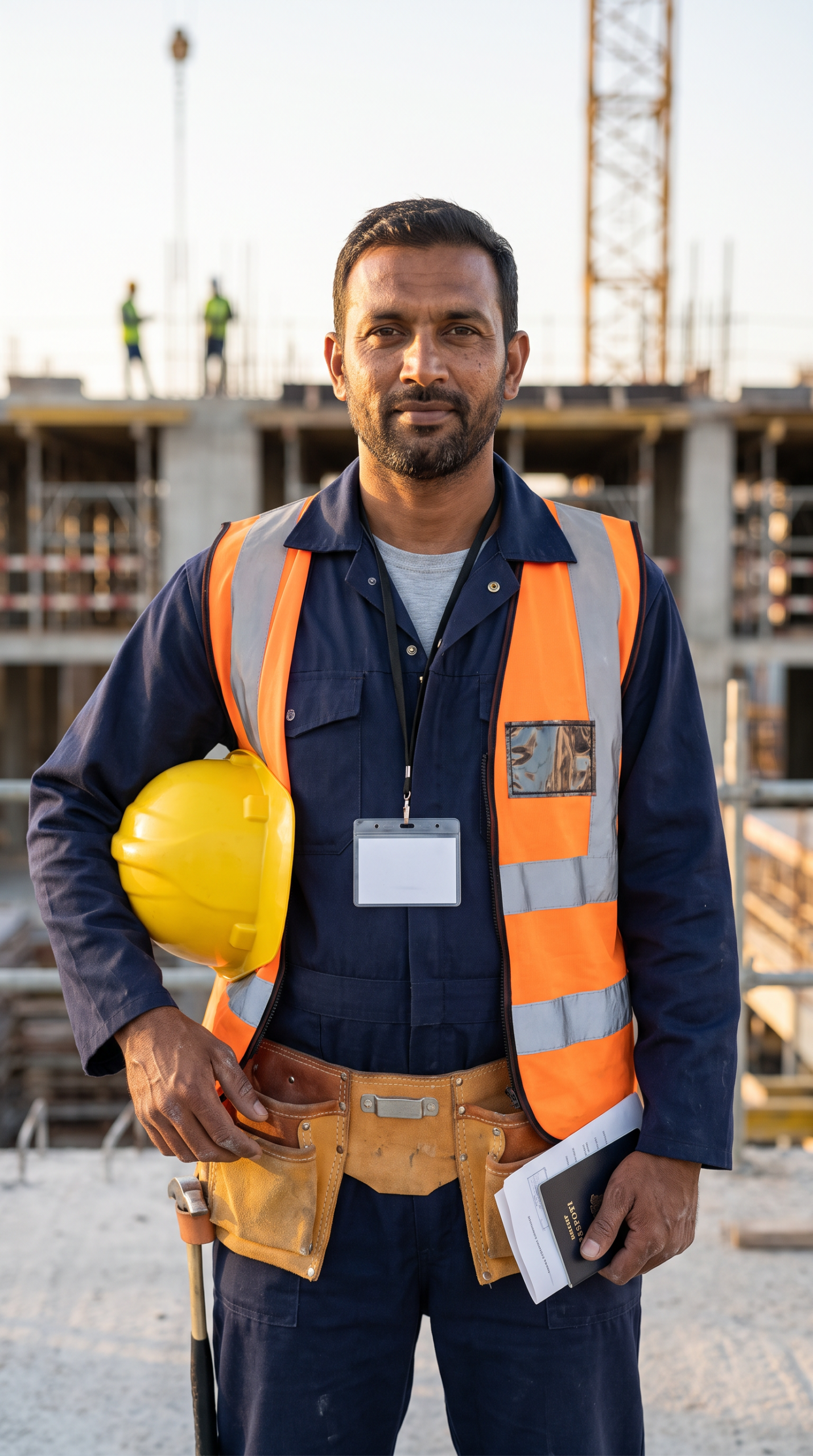 Experienced Bangladeshi construction worker in navy coveralls and orange hi-vis vest holding a yellow helmet, passport and documents at a building site